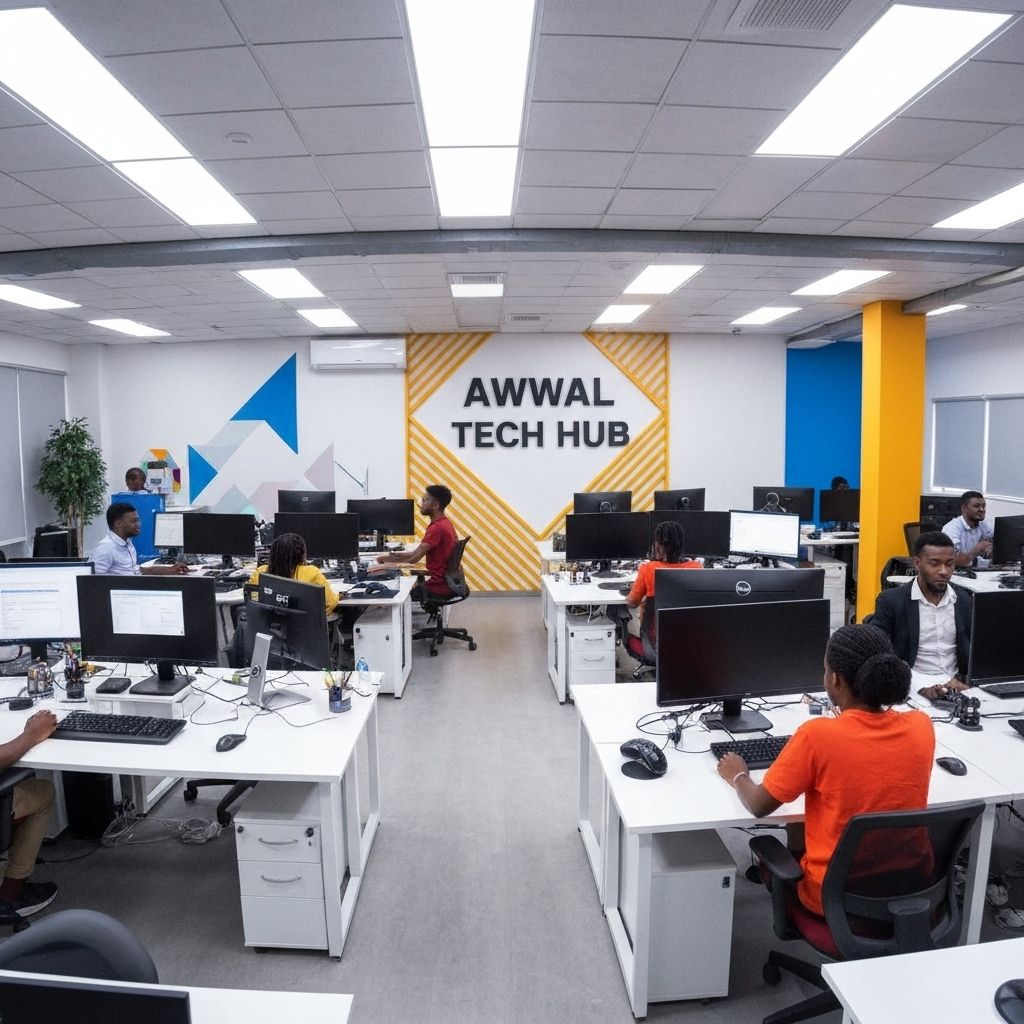 Awwal Tech Hub modern African technology lab with branded signage and professional workspace